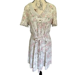 Vintage Paris Sport Club Floral Lace Trim Dress Pink Roses Tie Waist Cottagecore